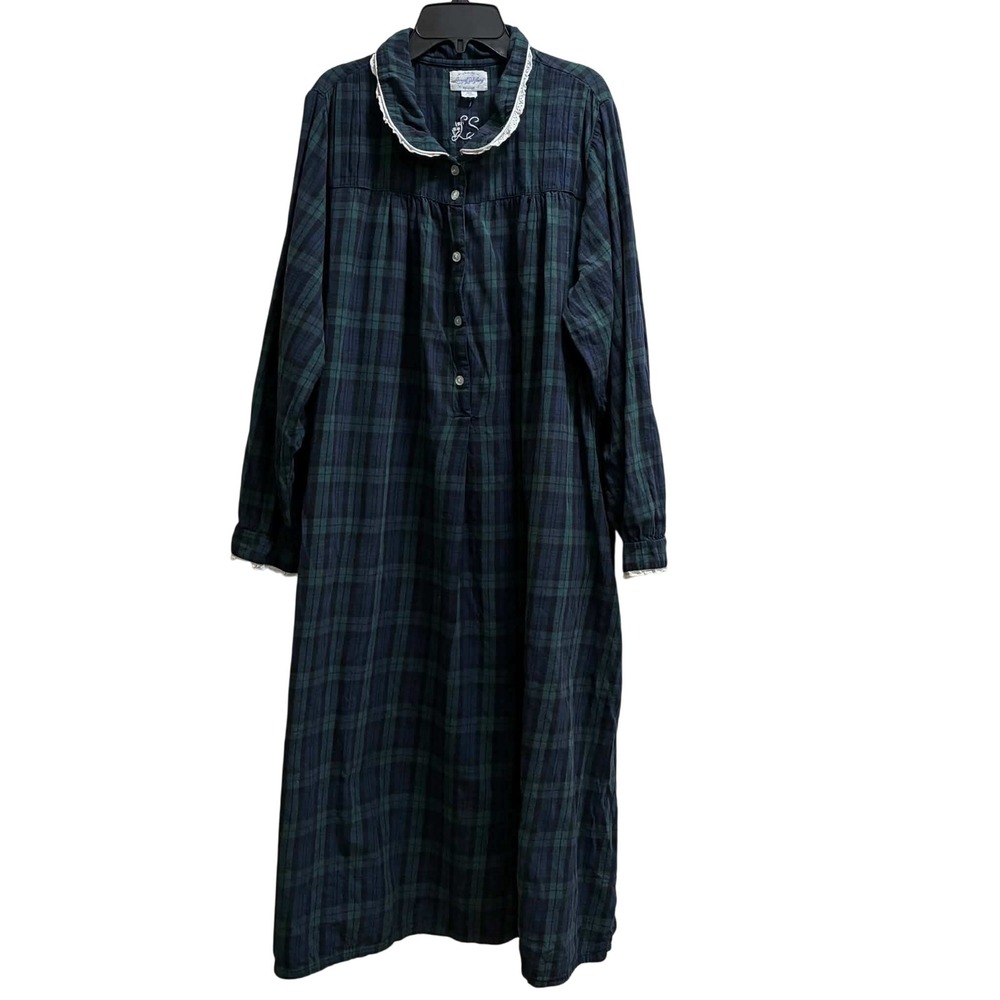 Lanz of Salzburg Flannel Nightgown Womens L Green Plaid Lace Trim